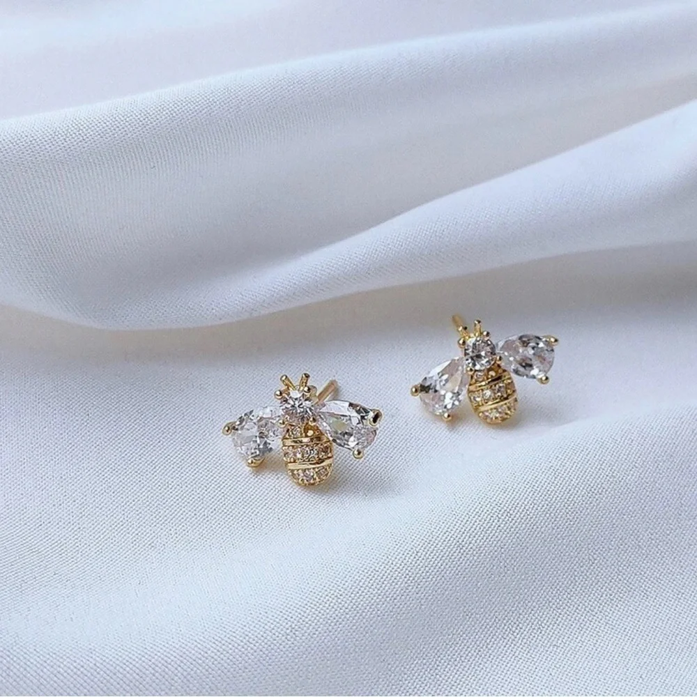 Rhodium and Gold Plated Bee With Natural Embedded Zircon Stud Earrings